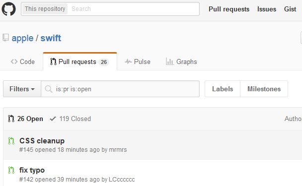 苹果在GitHub上开源的编程语言swift的Pull Requests数量对比
